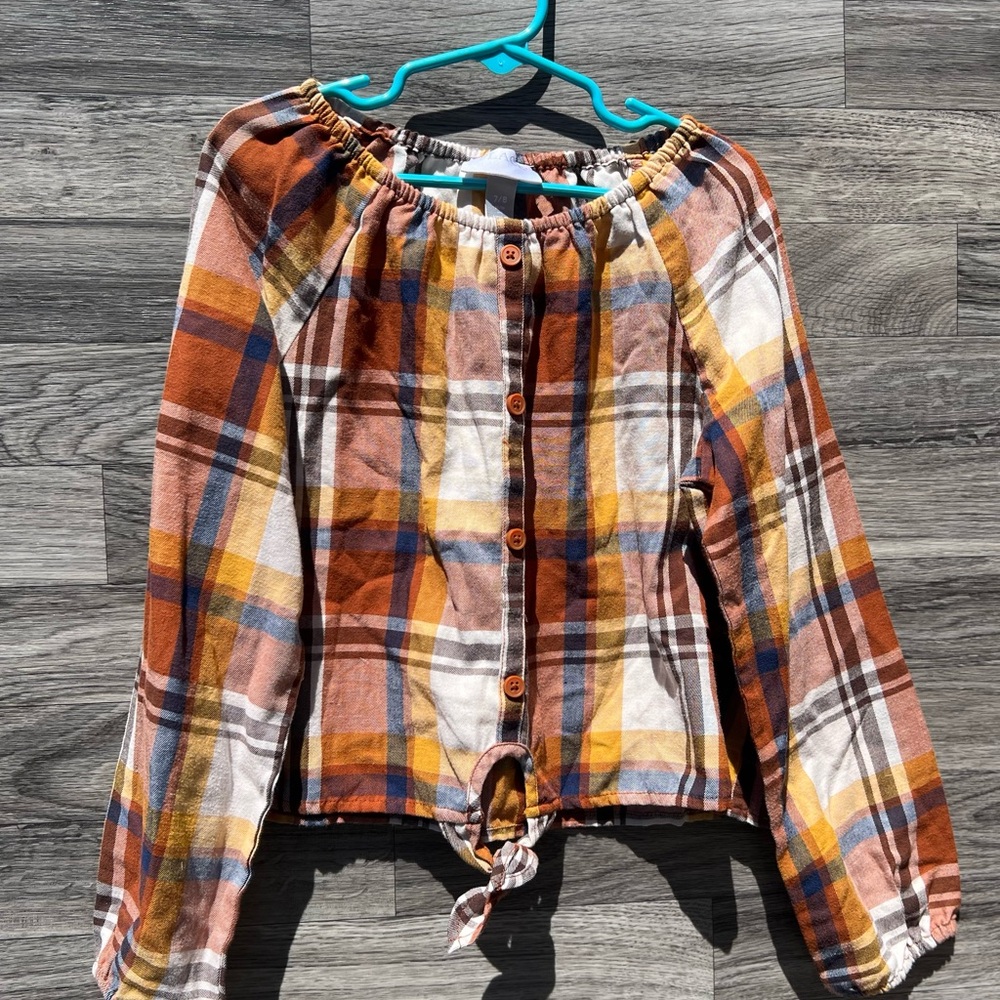 Place Plaid Button-Up Kids Blouse - Orange, Blue, White